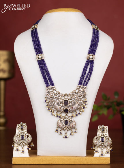 Beaded multilayer violet necklace with kundan & cz stones and pearl & beads hanging in victorian finish