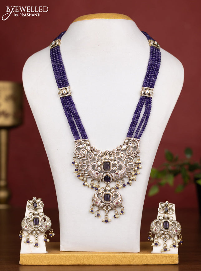 Beaded multilayer violet necklace with kundan & cz stones and pearl & beads hanging in victorian finish