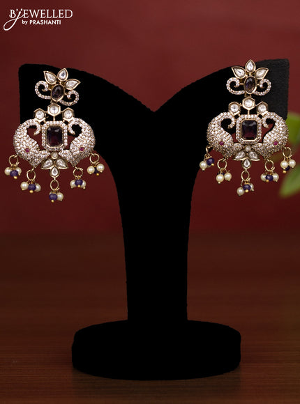 Beaded multilayer violet necklace with kundan & cz stones and pearl & beads hanging in victorian finish