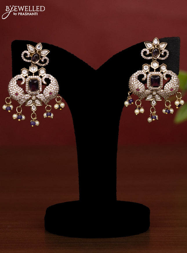 Beaded multilayer violet necklace with kundan & cz stones and pearl & beads hanging in victorian finish