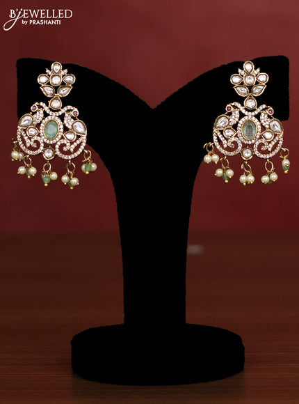 Beaded triple layer mint green necklace peacock design with kundan & cz stones and pearl & beads hanging