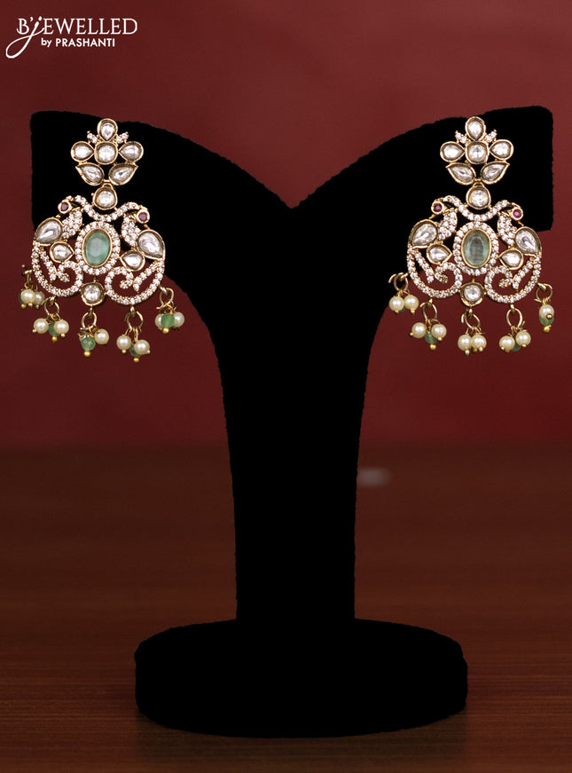 Beaded triple layer mint green necklace peacock design with kundan & cz stones and pearl & beads hanging