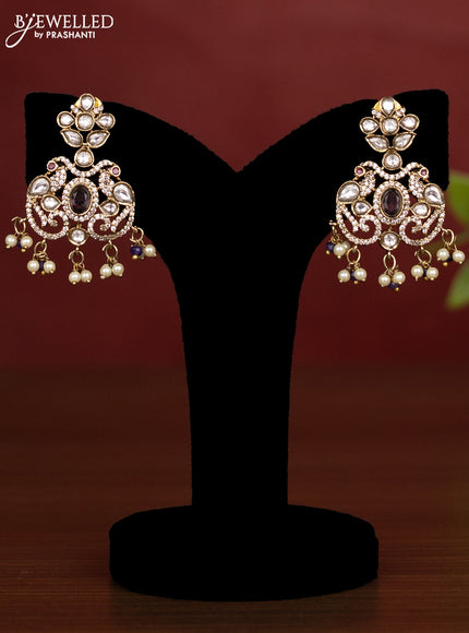 Beaded triple layer violet necklace peacock design with kundan & cz stones and pearl & beads hanging