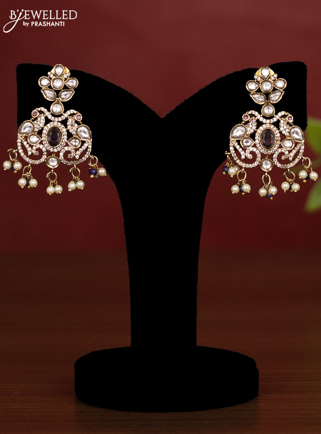 Beaded triple layer violet necklace peacock design with kundan & cz stones and pearl & beads hanging