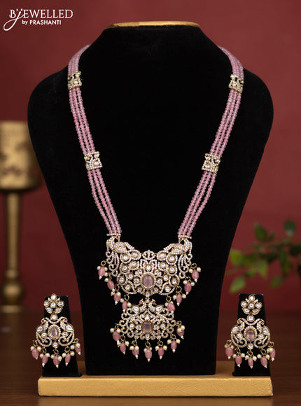 Beaded triple layer baby pink necklace peacock design with kundan & cz stones and pearl & beads hanging