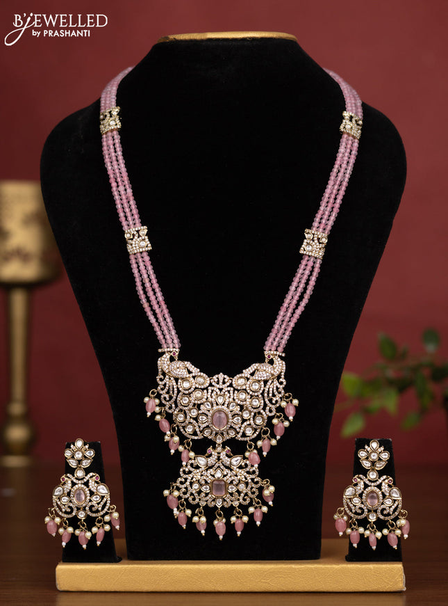 Beaded triple layer baby pink necklace peacock design with kundan & cz stones and pearl & beads hanging