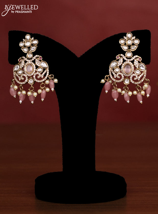 Beaded triple layer baby pink necklace peacock design with kundan & cz stones and pearl & beads hanging