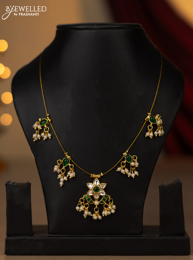 Invisible chain with green jadau kundan stones and pearl hangings without earring