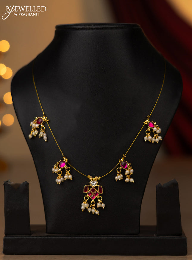 Invisible chain with pink jadau kundan stones and pearl hangings without earring