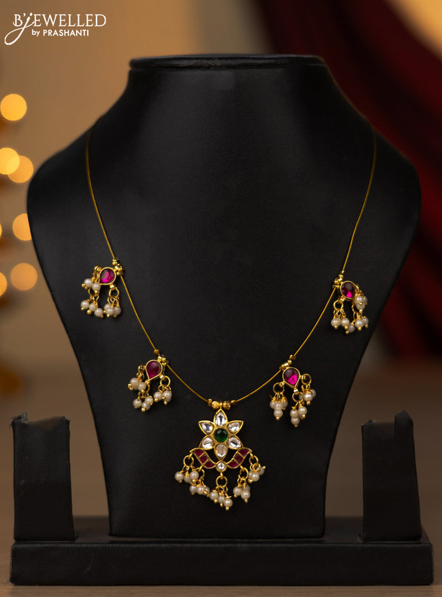 Invisible chain with jadau kundan stones and pearl hangings without earring