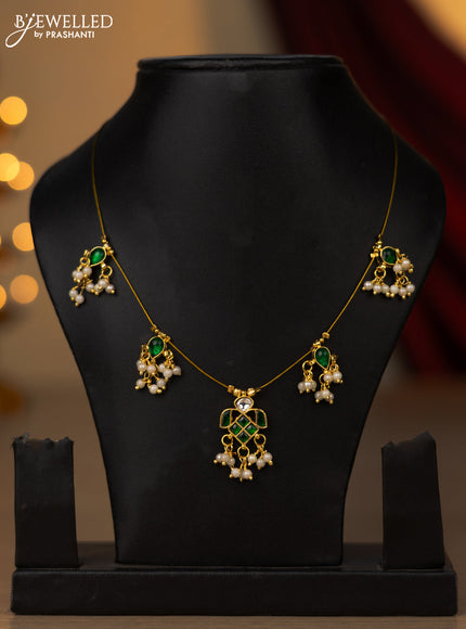 Invisible chain with green jadau kundan stones and pearl hangings without earring
