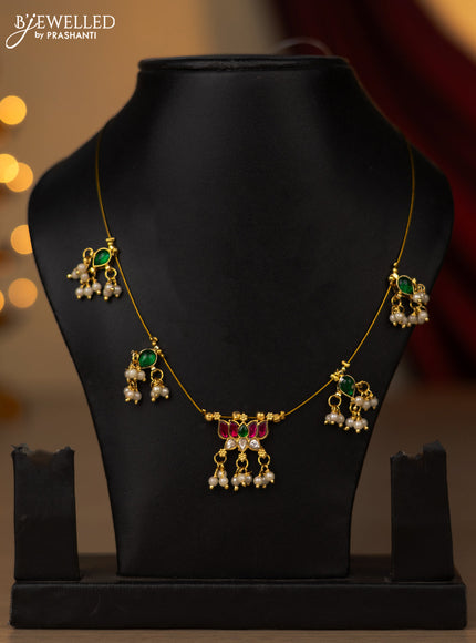 Invisible chain lotus pendant with jadau kundan stones and pearl hangings without earring