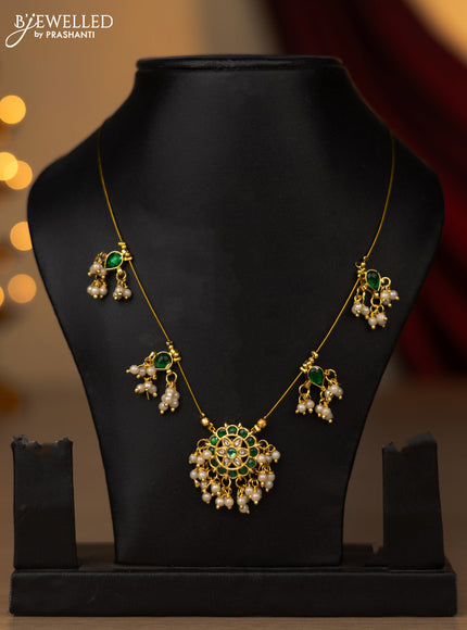 Invisible chain with green jadau kundan stones and pearl hangings without earring