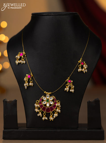 Invisible chain chandbali pendant with kemp jadau kundan stones and pearl hangings without earring