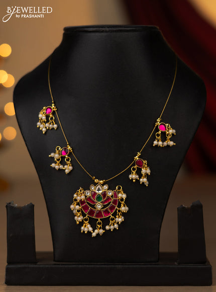 Invisible chain chandbali & lotus pendant with kemp jadau kundan stones and pearl hangings without earring