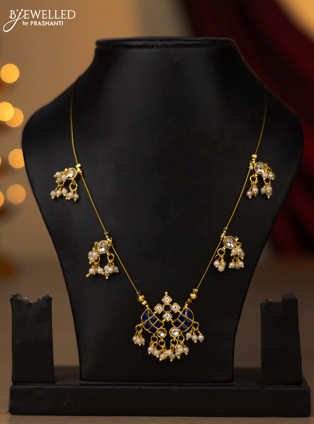 Invisible chain with blue jadau kundan stones and pearl hangings without earring