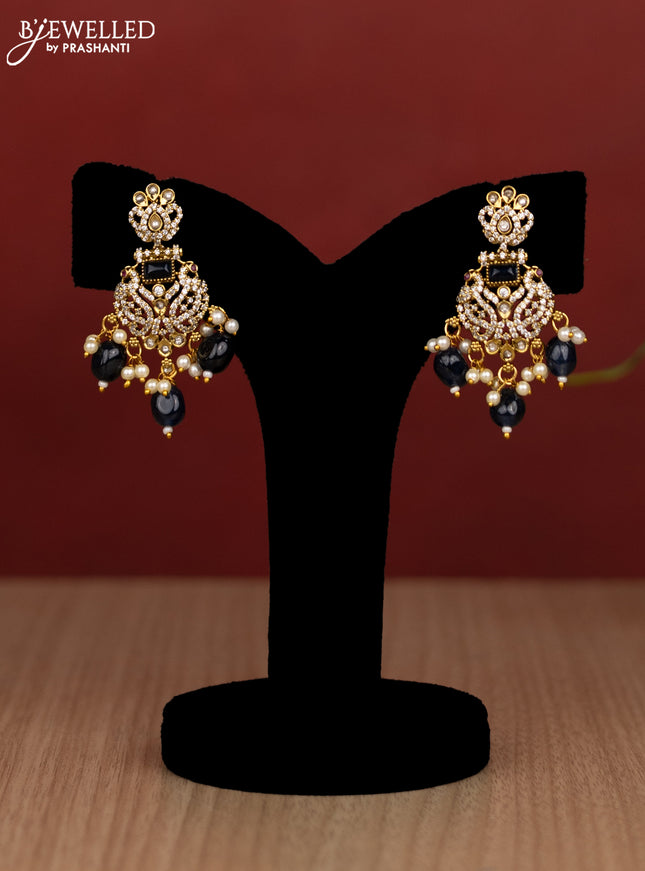 Beaded blue necklace with sapphire & cz stones and pearl & beads hanging in victorian finish