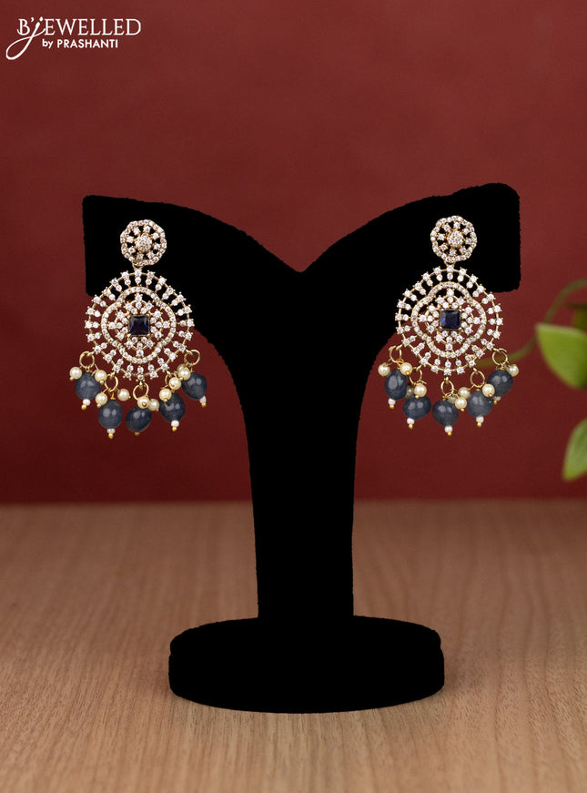 Beaded blue necklace with sapphire & cz stones and pearl & beads hanging in victorian finish