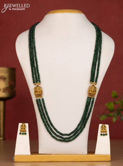 Beaded green haaram with lakshmi side pendant and kemp & cz stones