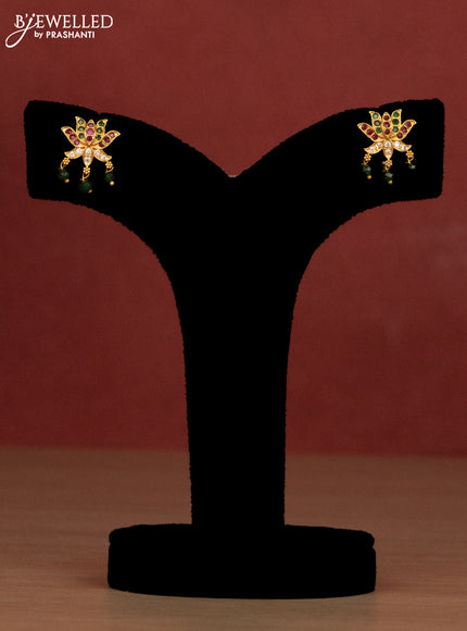 Beaded green haaram with lotus side pendant and kemp & cz stones