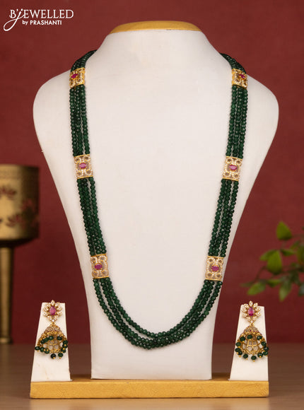 Beaded green haaram with lakshmi side pendant and ruby & cz stones