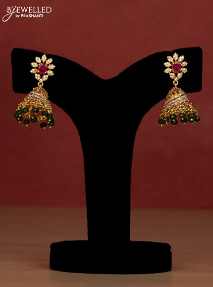 Beaded green haaram with lakshmi side pendant and ruby & cz stones