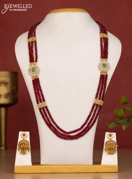 Beaded maroon haaram with kemp and cz stones side pendant