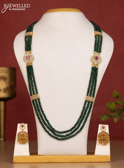 Beaded green haaram with kemp and cz stones side pendant