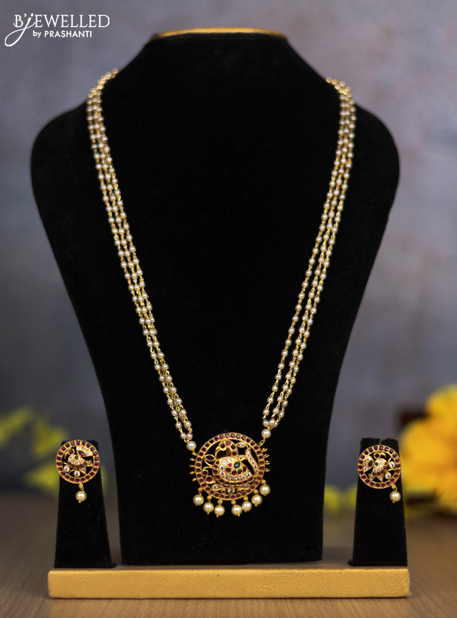 Pearl double layer necklace peacock design with kemp & cz stones and pearl hangings