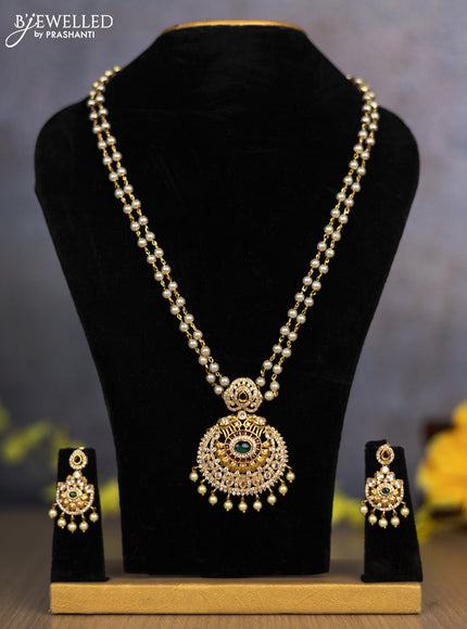 Pearl double layer necklace elephant design with kemp & cz stones and pearl hangings
