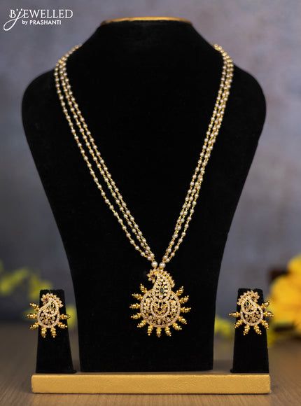 Pearl triple layer necklace manga pattern with kemp and cz stones