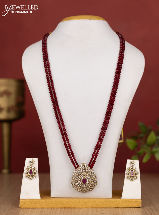 Beaded double layer maroon haram with ruby and cz stones in victorian finish