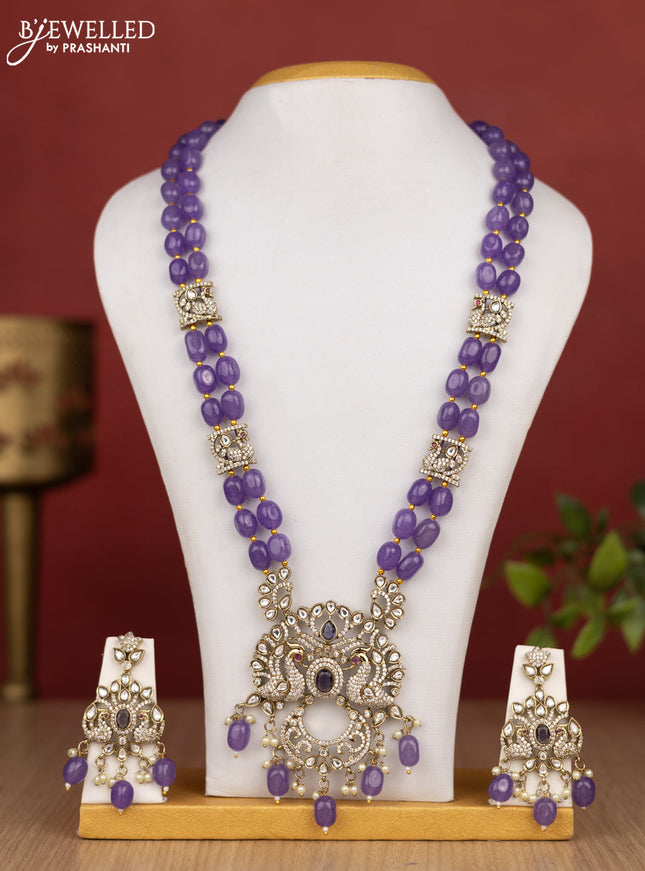 Beaded double layer violet haram peacock design with kundan & cz stones and pearl & beads hanging in victorian finish