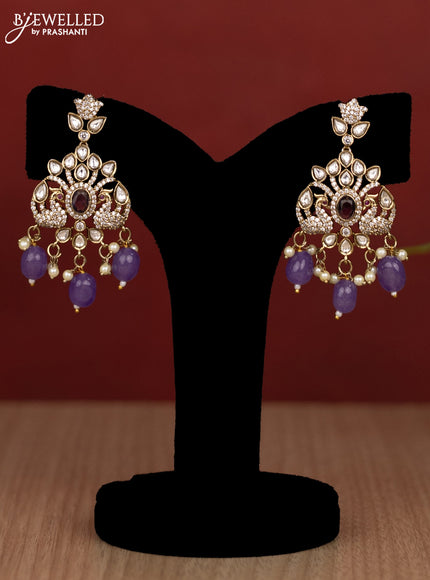 Beaded double layer violet haram peacock design with kundan & cz stones and pearl & beads hanging in victorian finish