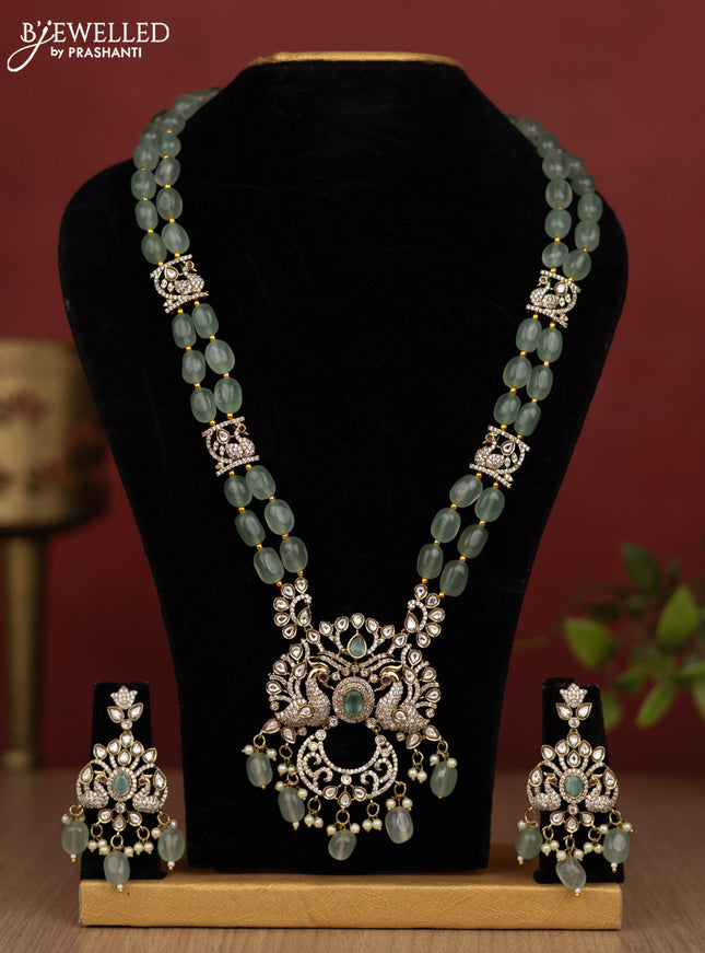 Beaded double layer mint green haram peacock design with kundan & cz stones and pearl & beads hanging in victorian finish