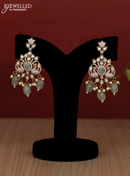 Beaded double layer mint green haram peacock design with kundan & cz stones and pearl & beads hanging in victorian finish