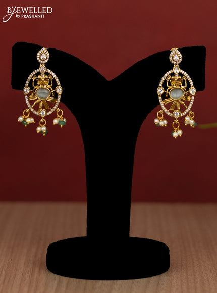 Beaded triple layer mint green haram ganesha pendant with cz stones and pearl & beads hanging in victorian finish