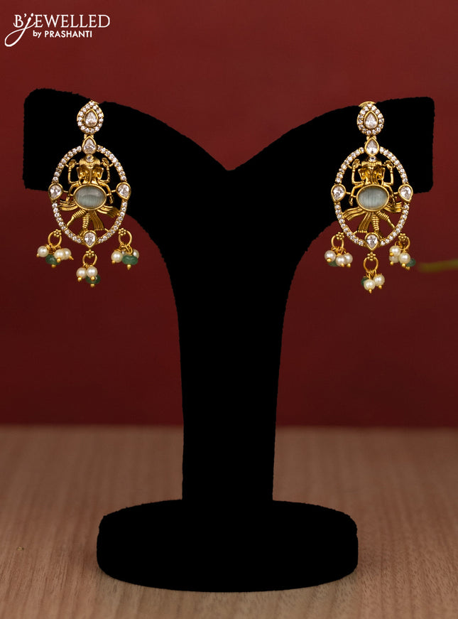 Beaded triple layer mint green haram ganesha pendant with cz stones and pearl & beads hanging in victorian finish