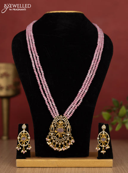 Beaded triple layer baby pink haram ganesha pendant with cz stones and pearl & beads hanging in victorian finish