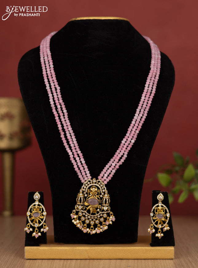 Beaded triple layer baby pink haram ganesha pendant with cz stones and pearl & beads hanging in victorian finish