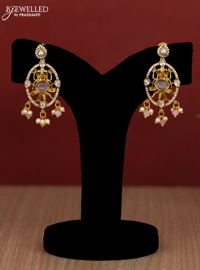 Beaded triple layer baby pink haram ganesha pendant with cz stones and pearl & beads hanging in victorian finish