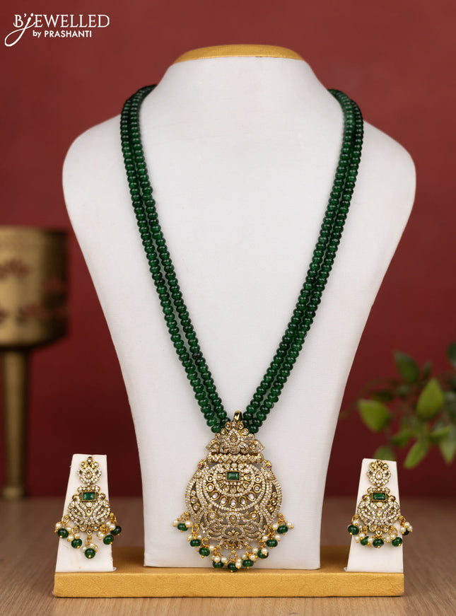 Beaded double layer green haram with emerald & kundan cz stones and pearl & beads hanging in victorian finish