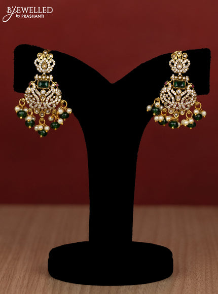 Beaded double layer green haram with emerald & kundan cz stones and pearl & beads hanging in victorian finish