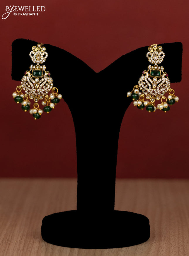 Beaded double layer green haram with emerald & kundan cz stones and pearl & beads hanging in victorian finish