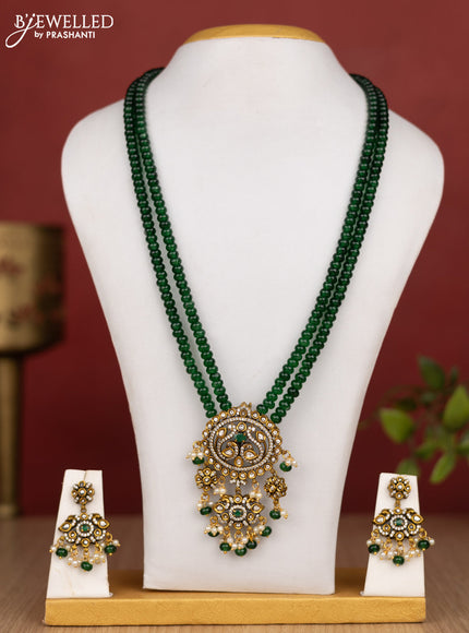 Beaded double layer green haram with kundan & cz stones and pearl & beads hanging in victorian finish