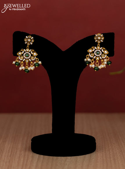 Beaded double layer green haram with kundan & cz stones and pearl & beads hanging in victorian finish