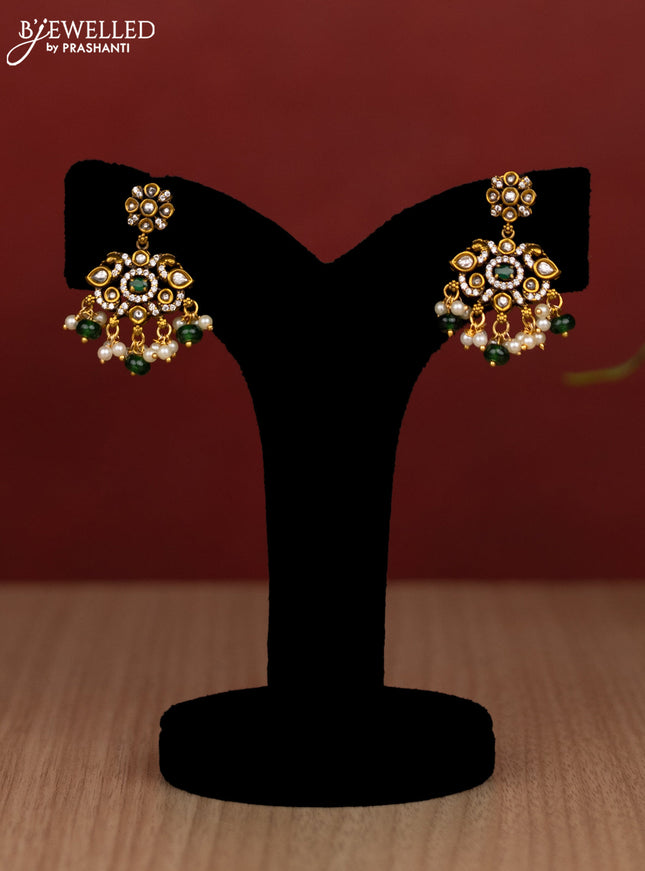 Beaded double layer green haram with kundan & cz stones and pearl & beads hanging in victorian finish