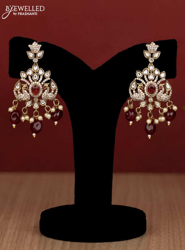 Beaded double layer maroon haram peacock design with ruby & kundan cz stones and pearl & beads hanging in victorian finish
