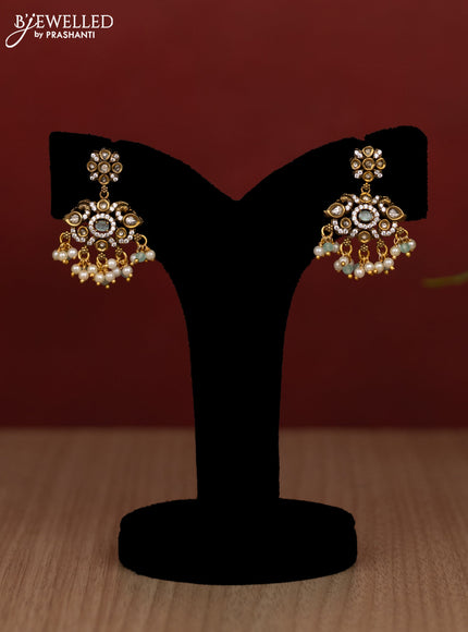 Beaded triple layer ice blue haram with kundan & cz stones and pearl & beads hanging in victorian finish