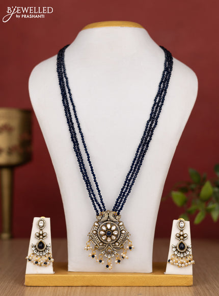 Beaded triple layer blue haram peacock design with sapphire & kundan cz stones and pearl & beads hanging in victorian finish